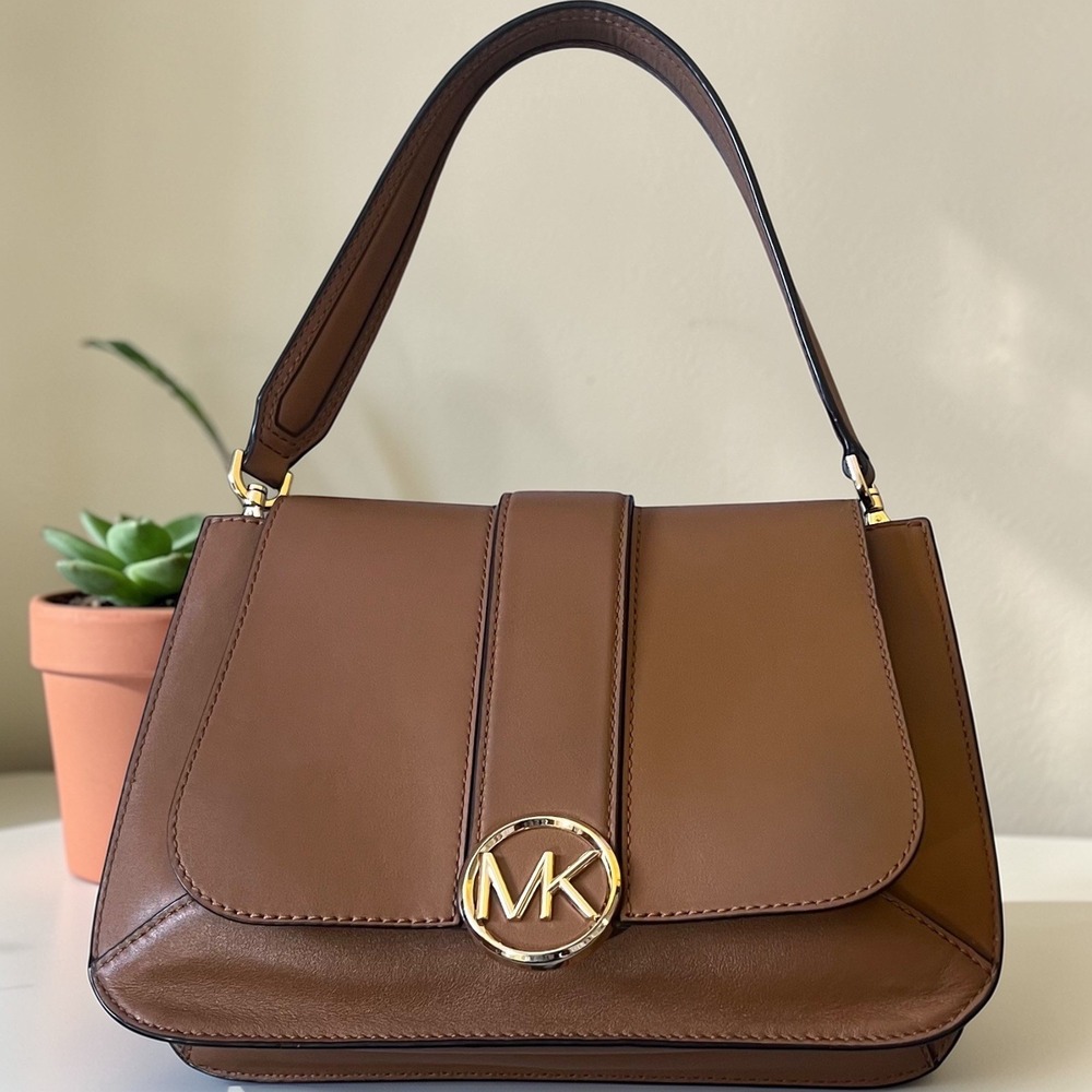Michael Kors Shoulder Bag Womens Small Luggage Brown Excellent MK Logo Leather - Picture 11 of 14
